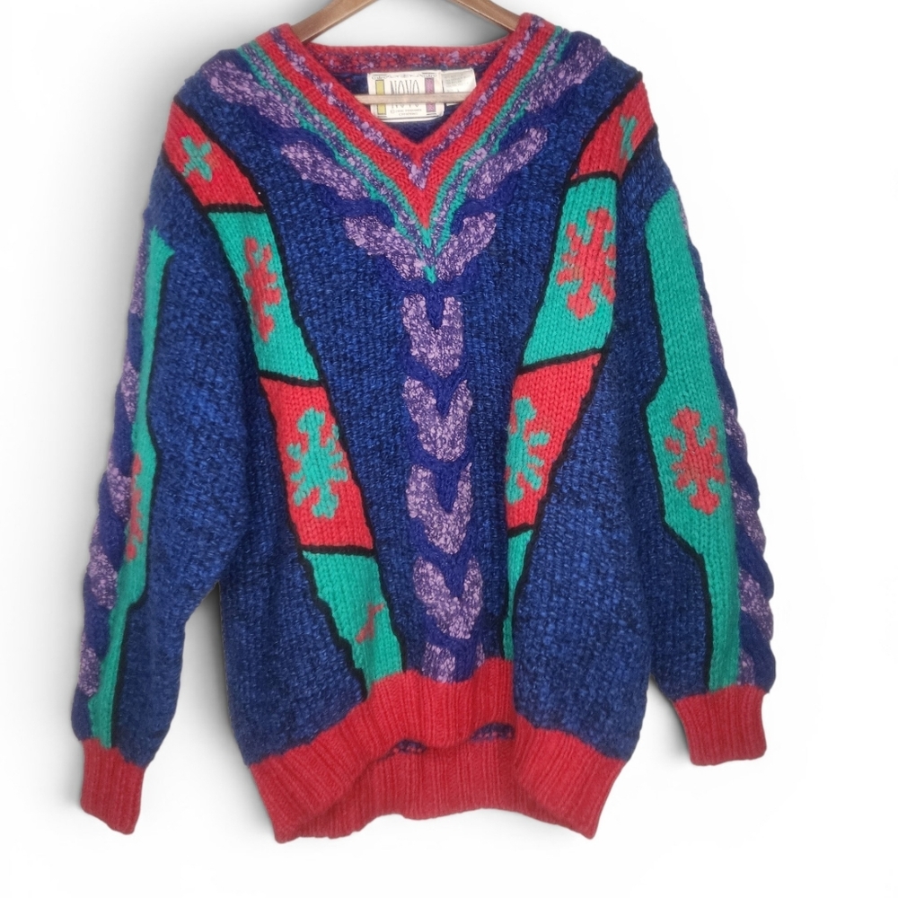 1980s Novo Chunky Knit Vintage Sweater in Blue Purple Dark Pink Green Size L